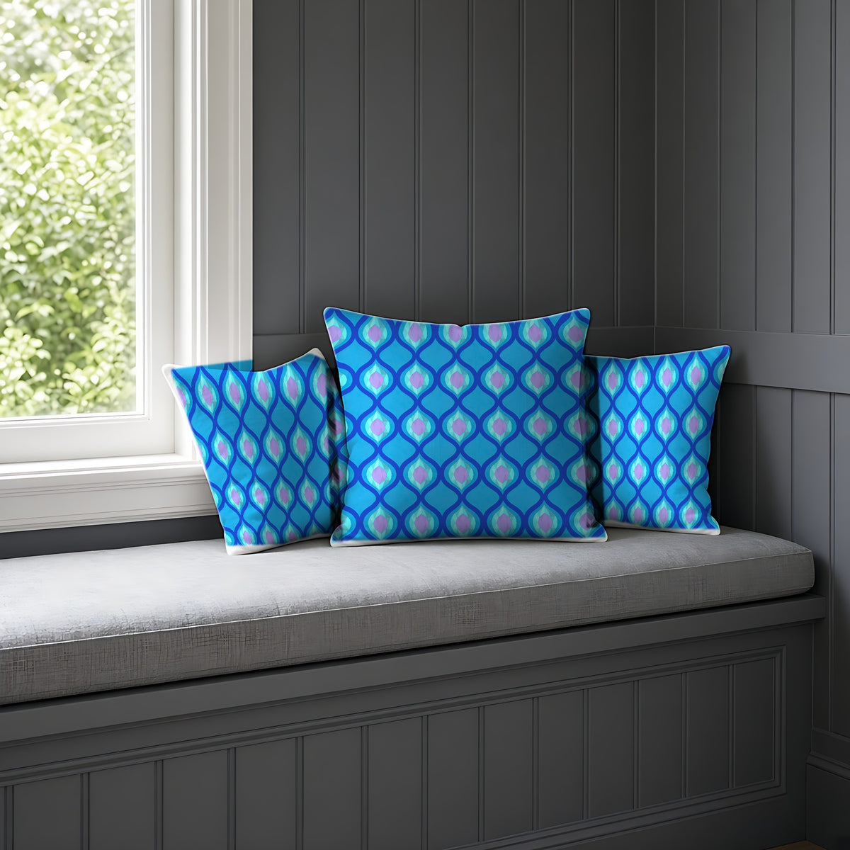 Grand Ogee Lattice II Faux Suede Cushion on a window seat