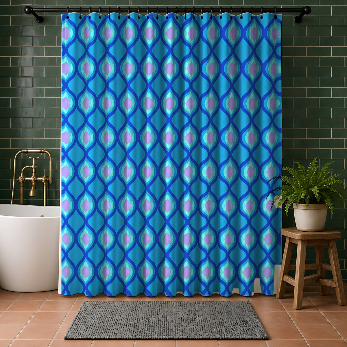Grand Ogee Lattice II Shower Curtain in a bathroom with dark green tiles
