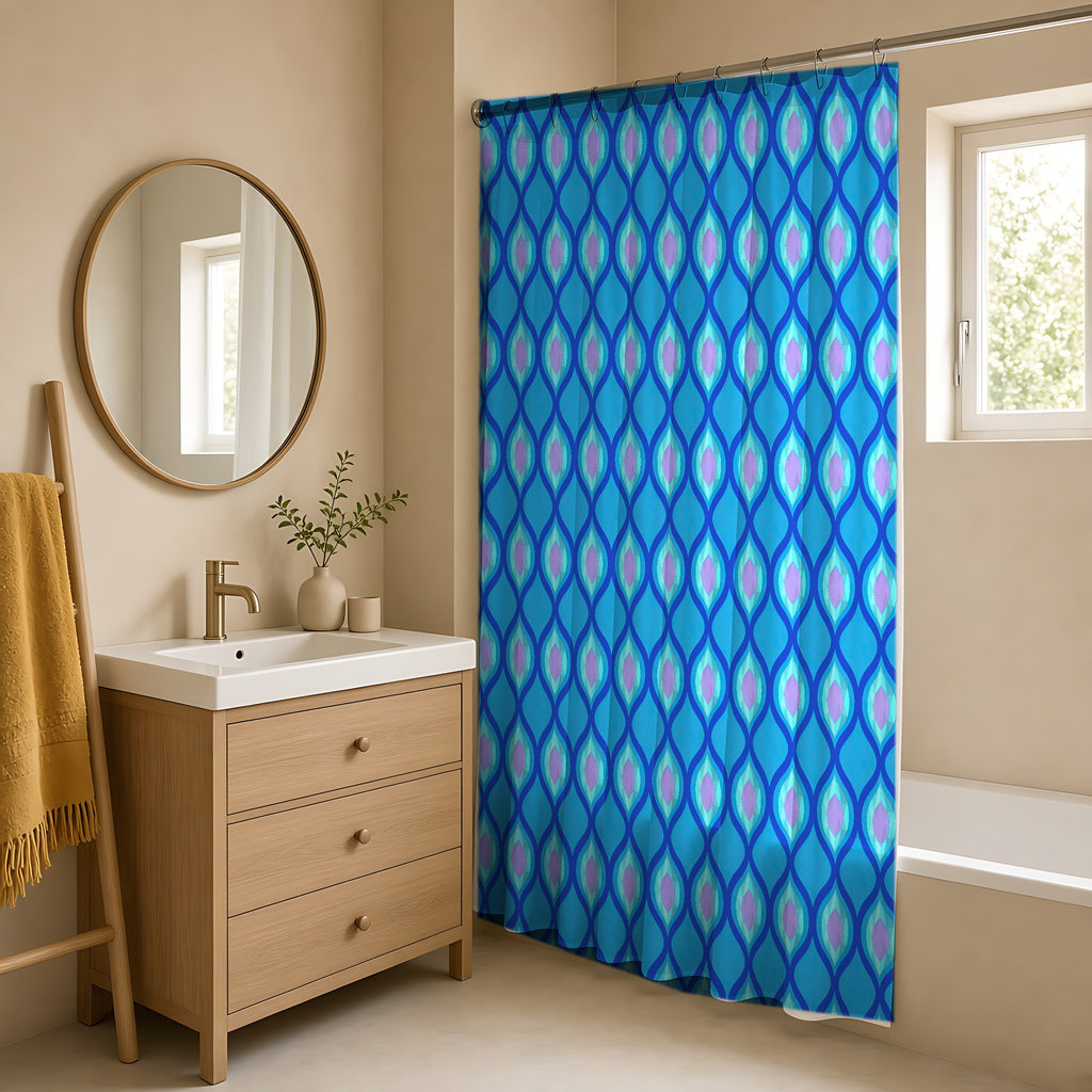 Grand Ogee Lattice II Shower Curtain in a warm neutral bathroom with an oak vanity