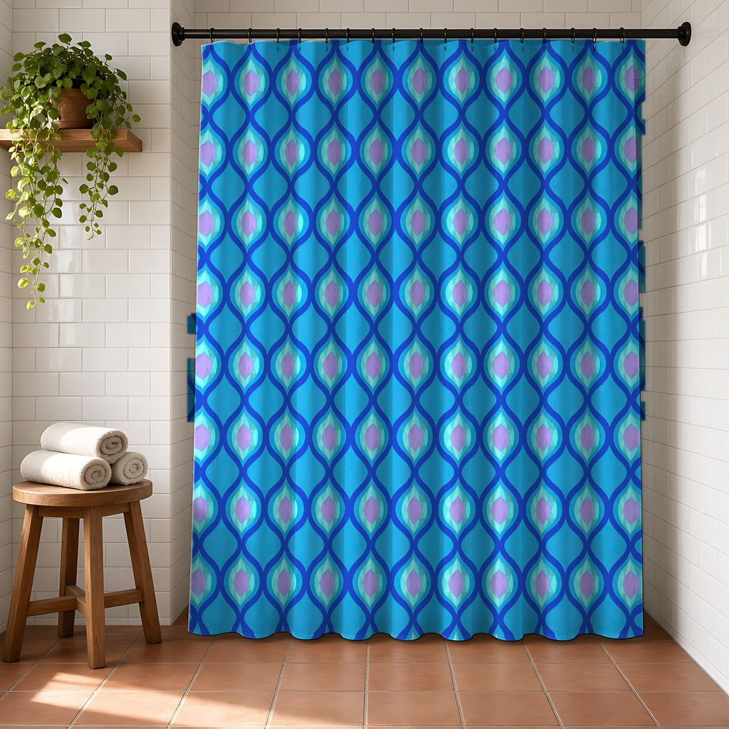 Grand Ogee Lattice II Shower Curtain in a bright bathroom with white tiles and a terracotta floor