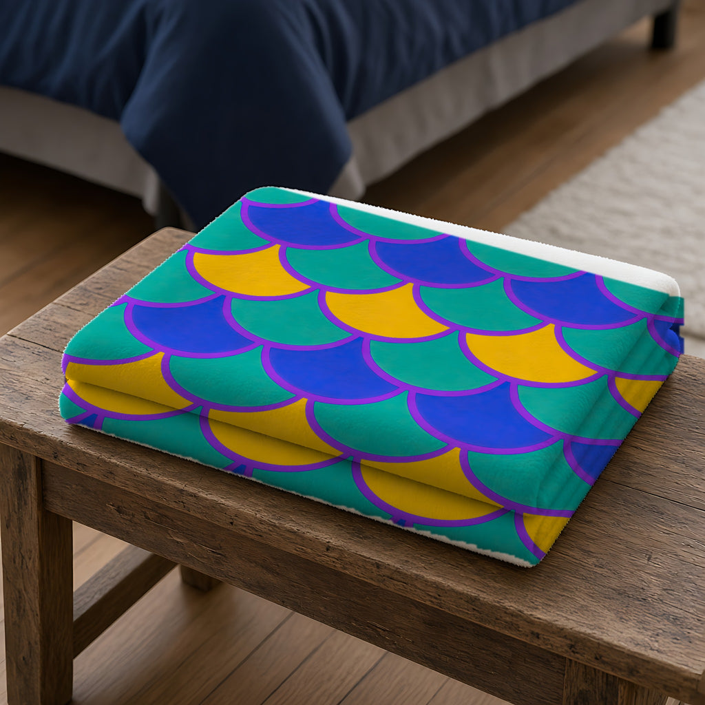Big Jewel Scales II Sherpa Fleece Blanket folded on a wooden bench