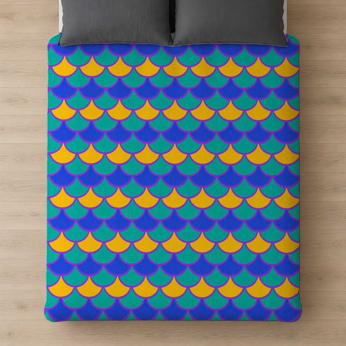 Big Jewel Scales II Cotton Duvet Cover on a bed, seen from above