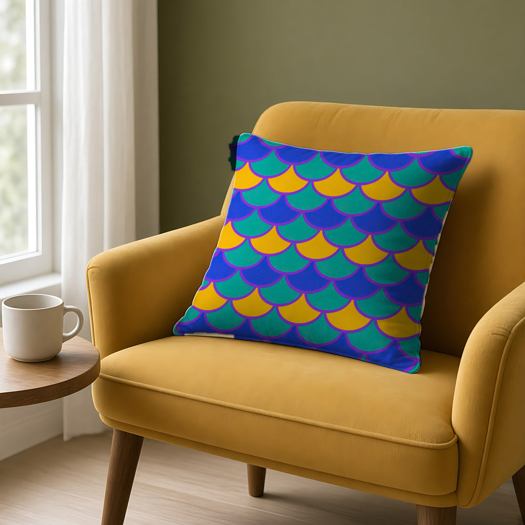 Big Jewel Scales II Faux Suede Cushion on a mustard armchair by a window