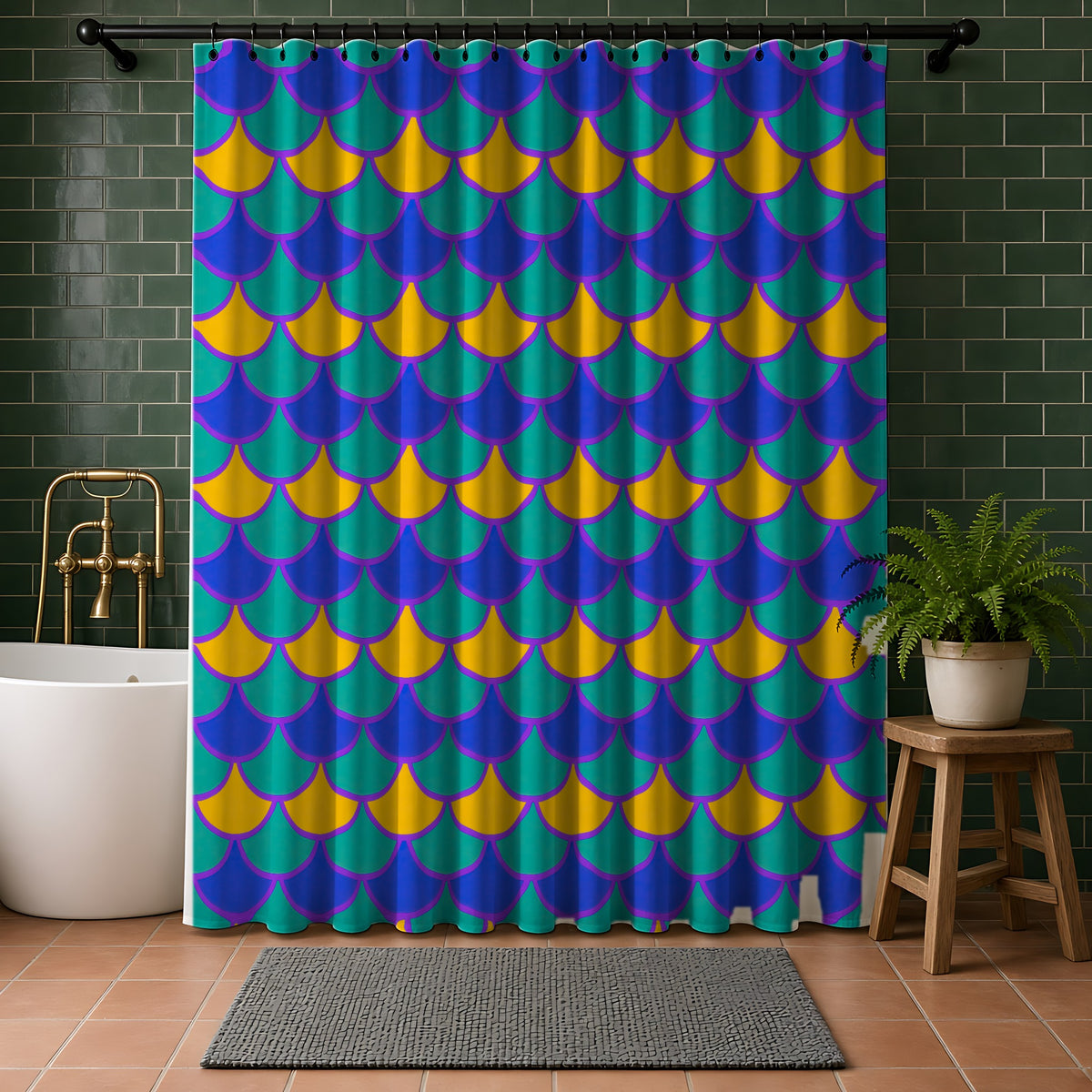 Big Jewel Scales II Shower Curtain in a bathroom with dark green tiles