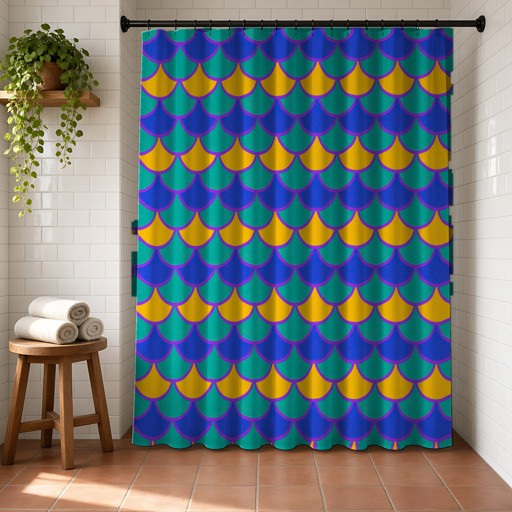 Big Jewel Scales II Shower Curtain in a bright bathroom with white tiles and a terracotta floor