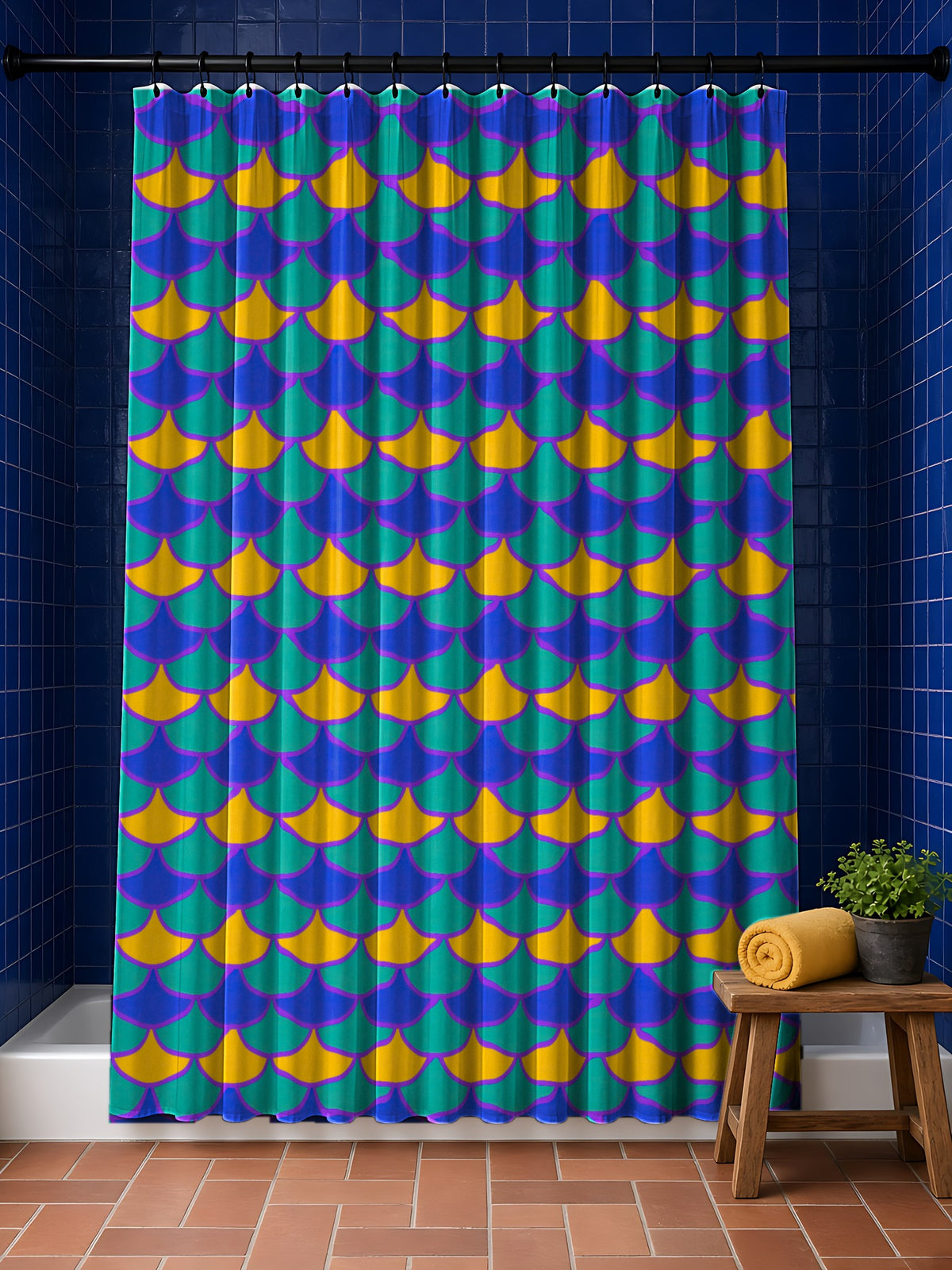 Big Jewel Scales II Shower Curtain in the Peacock Jewel palette, hanging in a bathroom with cobalt tiles and a terracotta floor