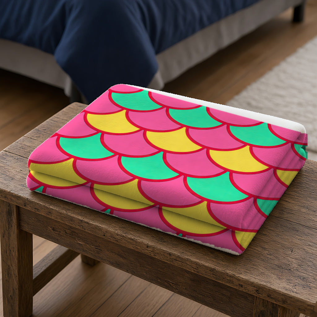 Big Jewel Scales II Sherpa Fleece Blanket folded on a wooden bench