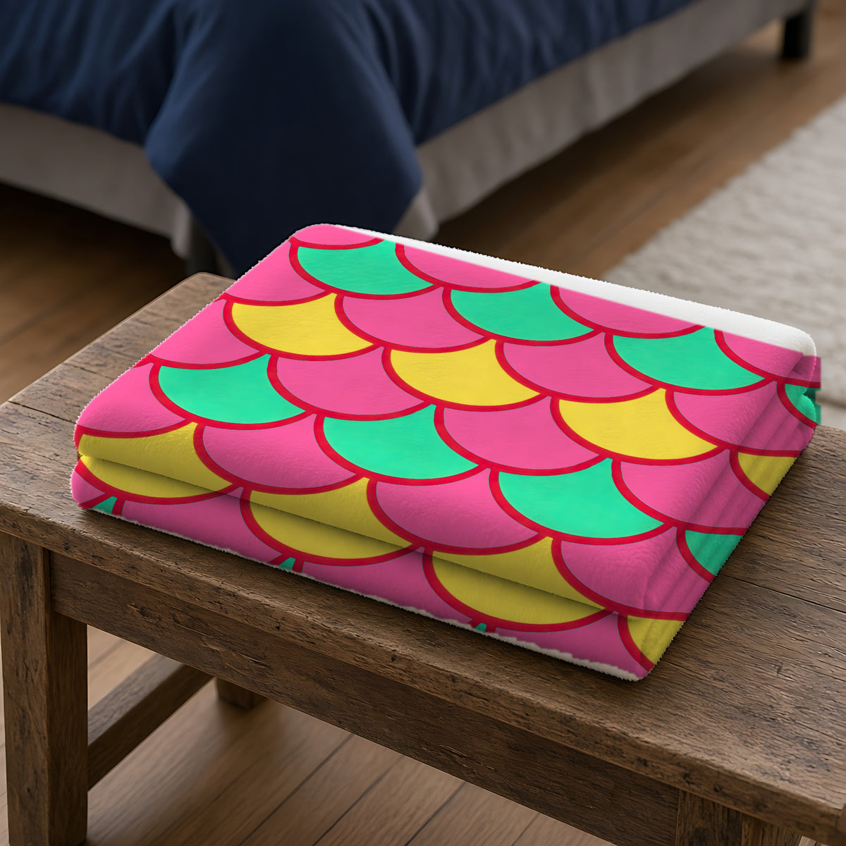 Big Jewel Scales II Sherpa Fleece Blanket folded on a wooden bench