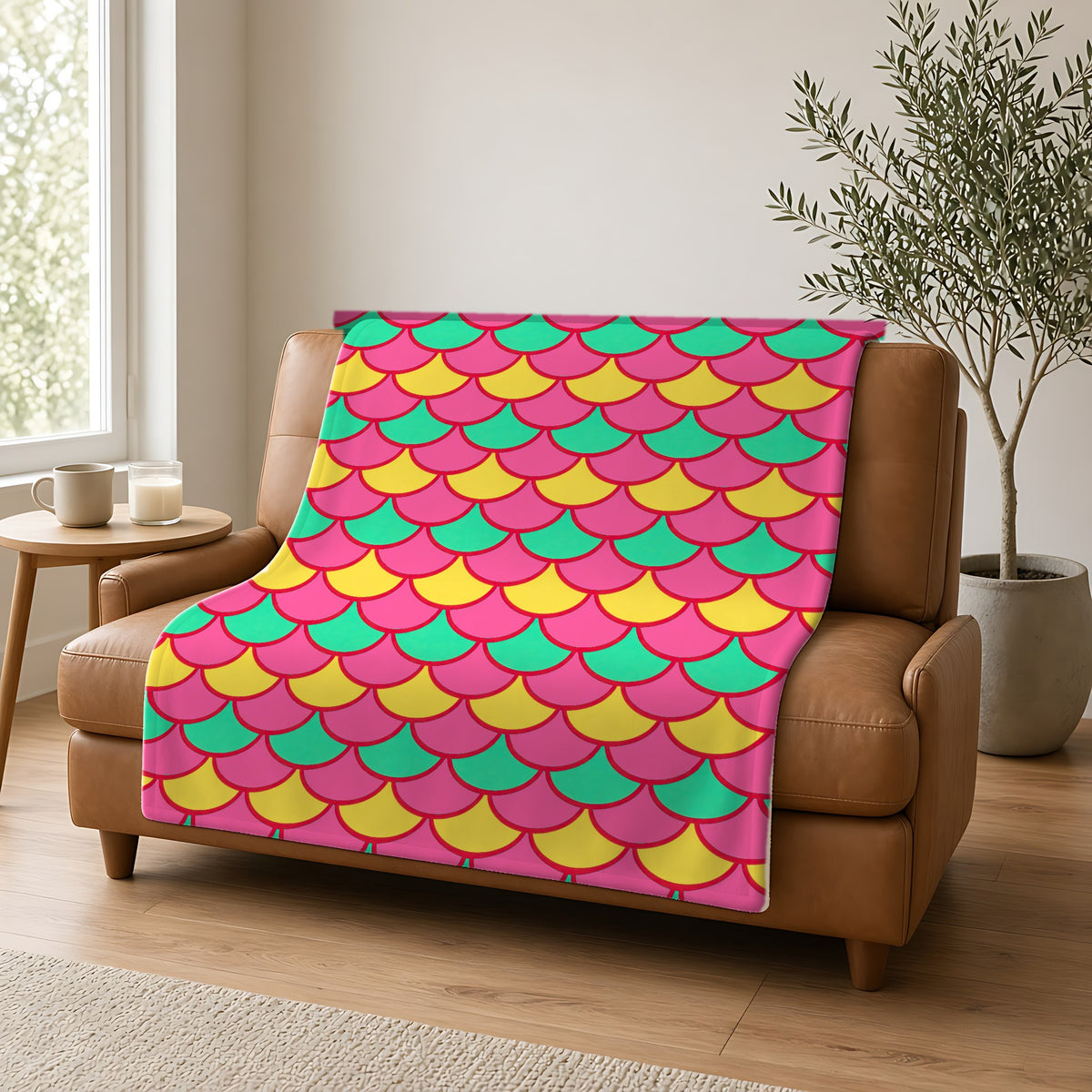 Big Jewel Scales II Sherpa Fleece Blanket draped over a caramel leather sofa