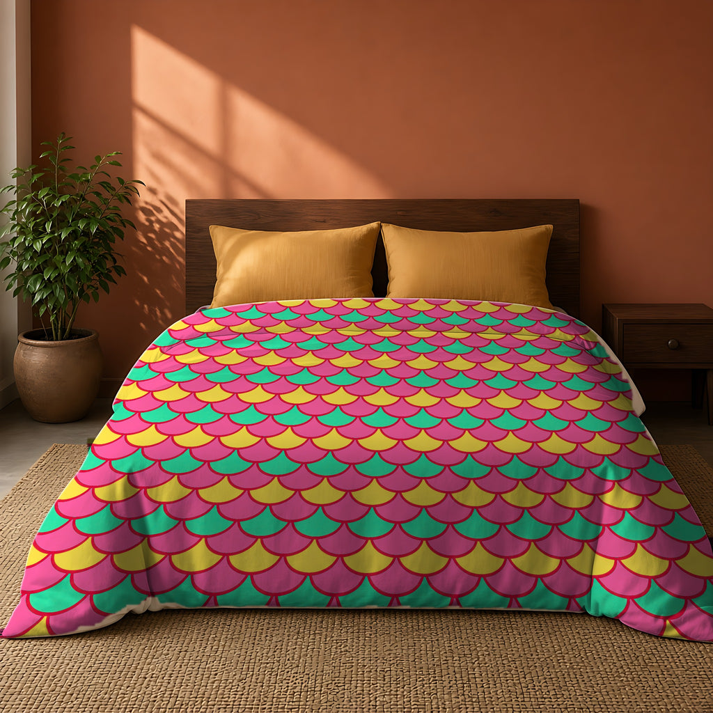 Big Jewel Scales II Comforter on a king bed against a warm terracotta wall