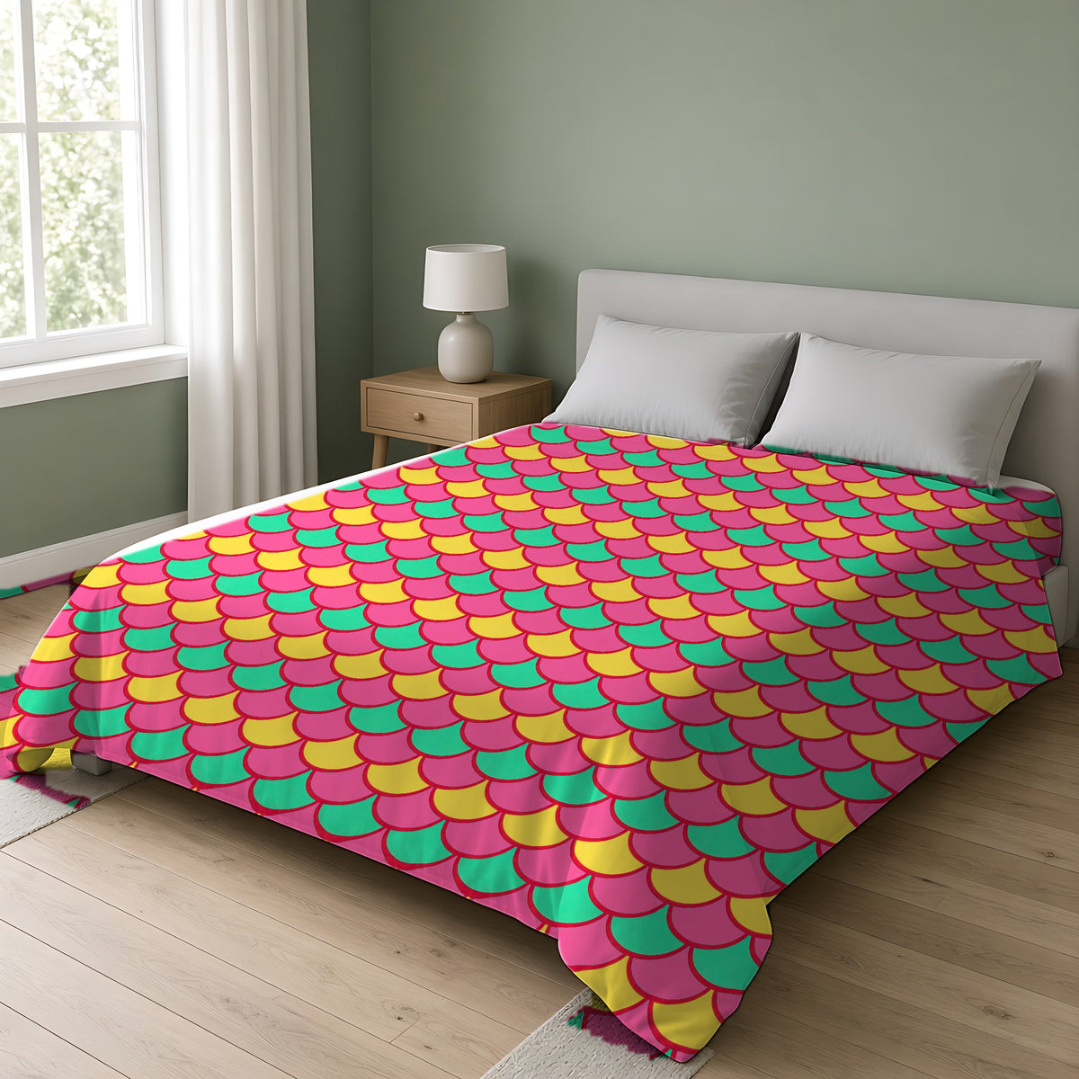 Big Jewel Scales II Cotton Duvet Cover on a double bed in a bright sage-green bedroom