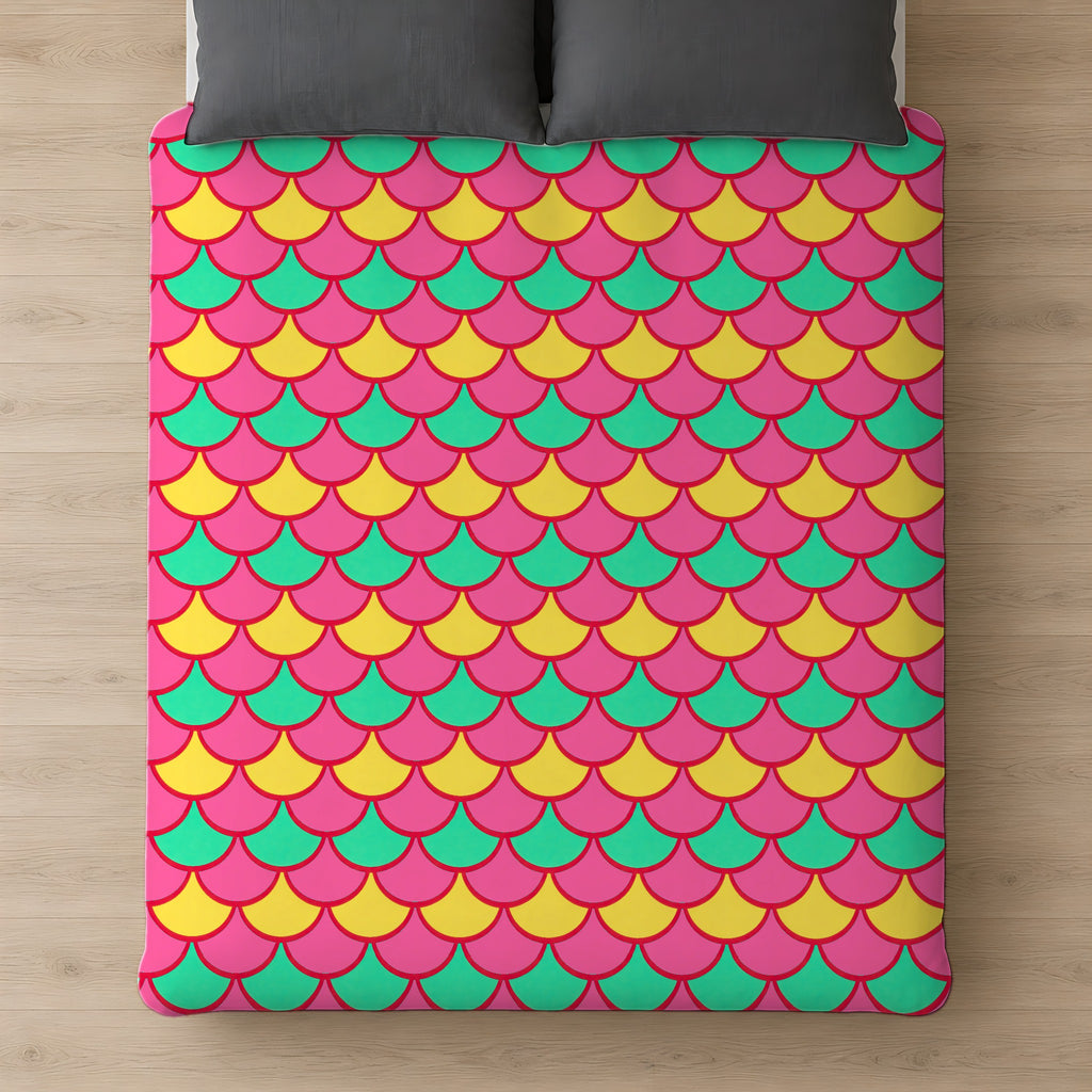 Big Jewel Scales II Cotton Duvet Cover on a bed, seen from above