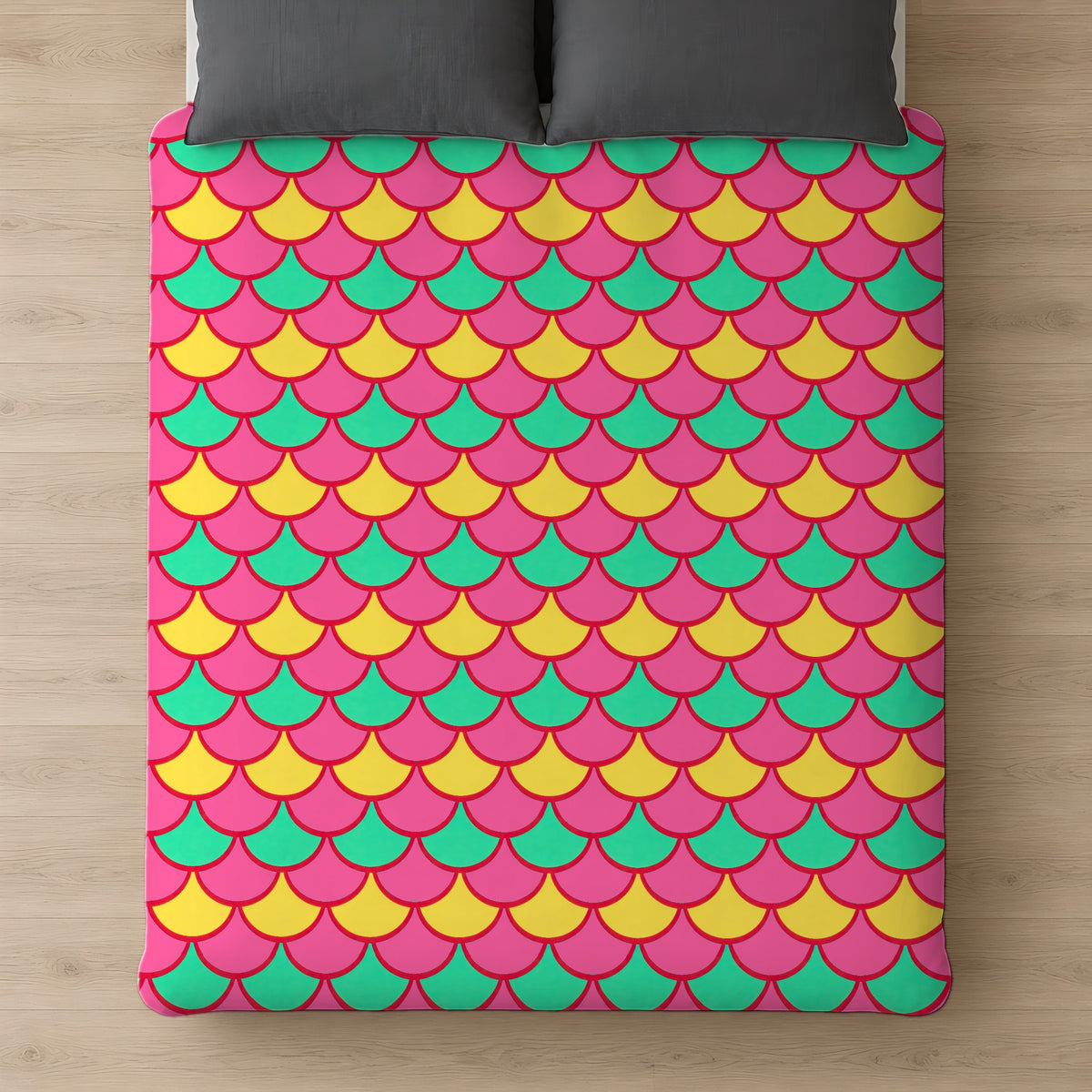 Big Jewel Scales II Cotton Duvet Cover on a bed, seen from above