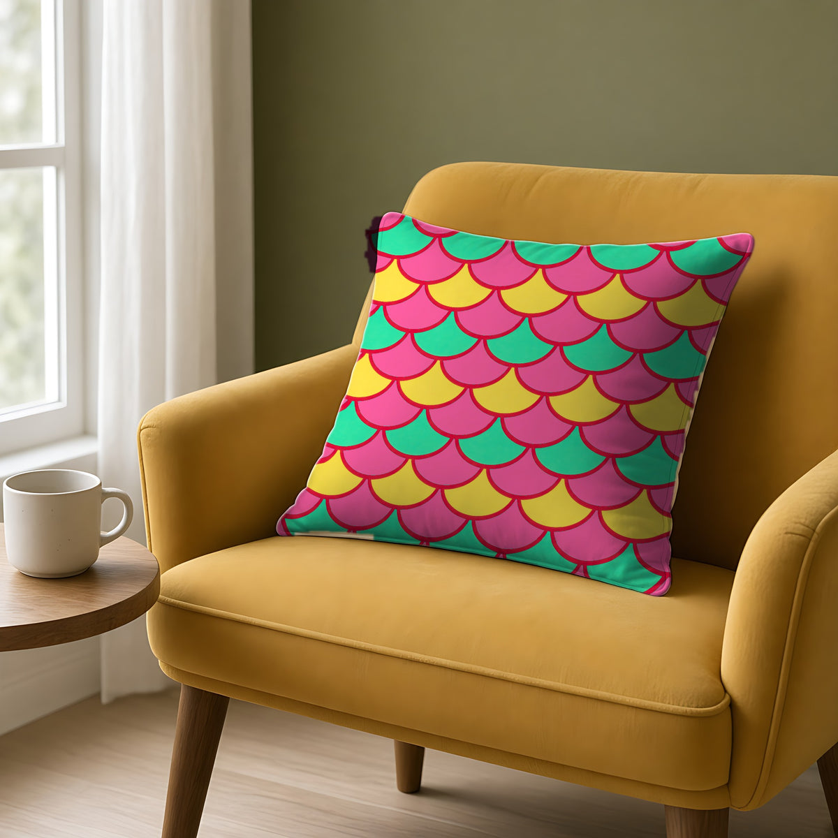 Big Jewel Scales II Faux Suede Cushion on a mustard armchair by a window