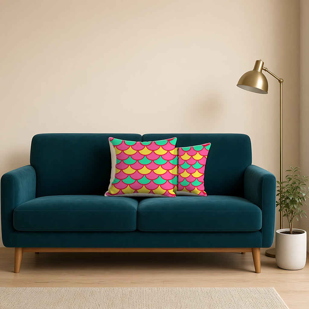 Big Jewel Scales II Faux Suede Cushion on a teal velvet sofa