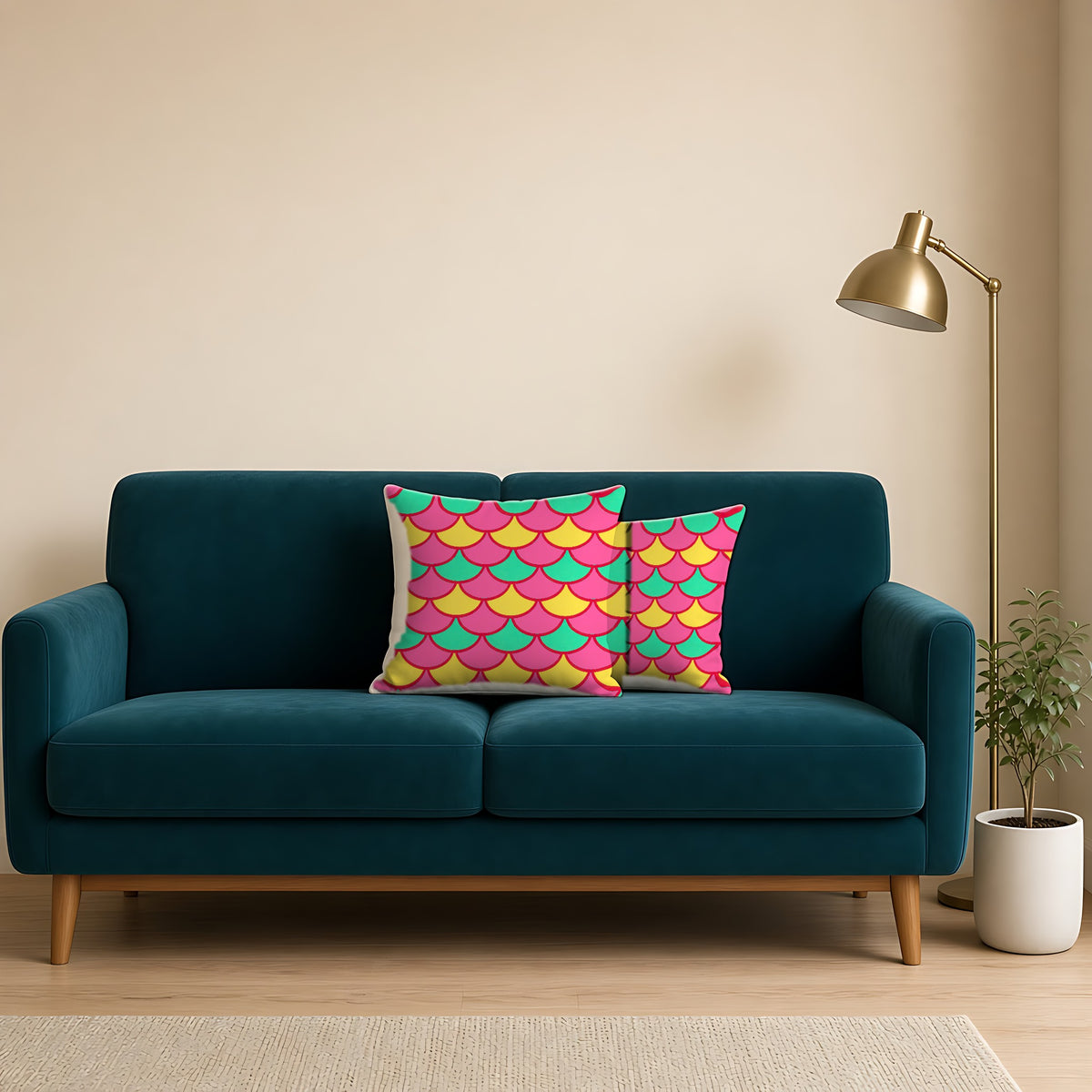 Big Jewel Scales II Faux Suede Cushion on a teal velvet sofa