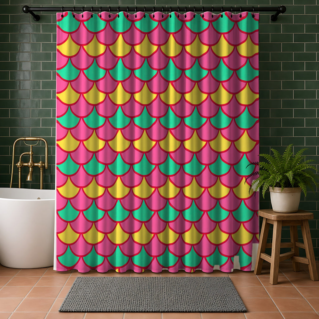 Big Jewel Scales II Shower Curtain in a bathroom with dark green tiles