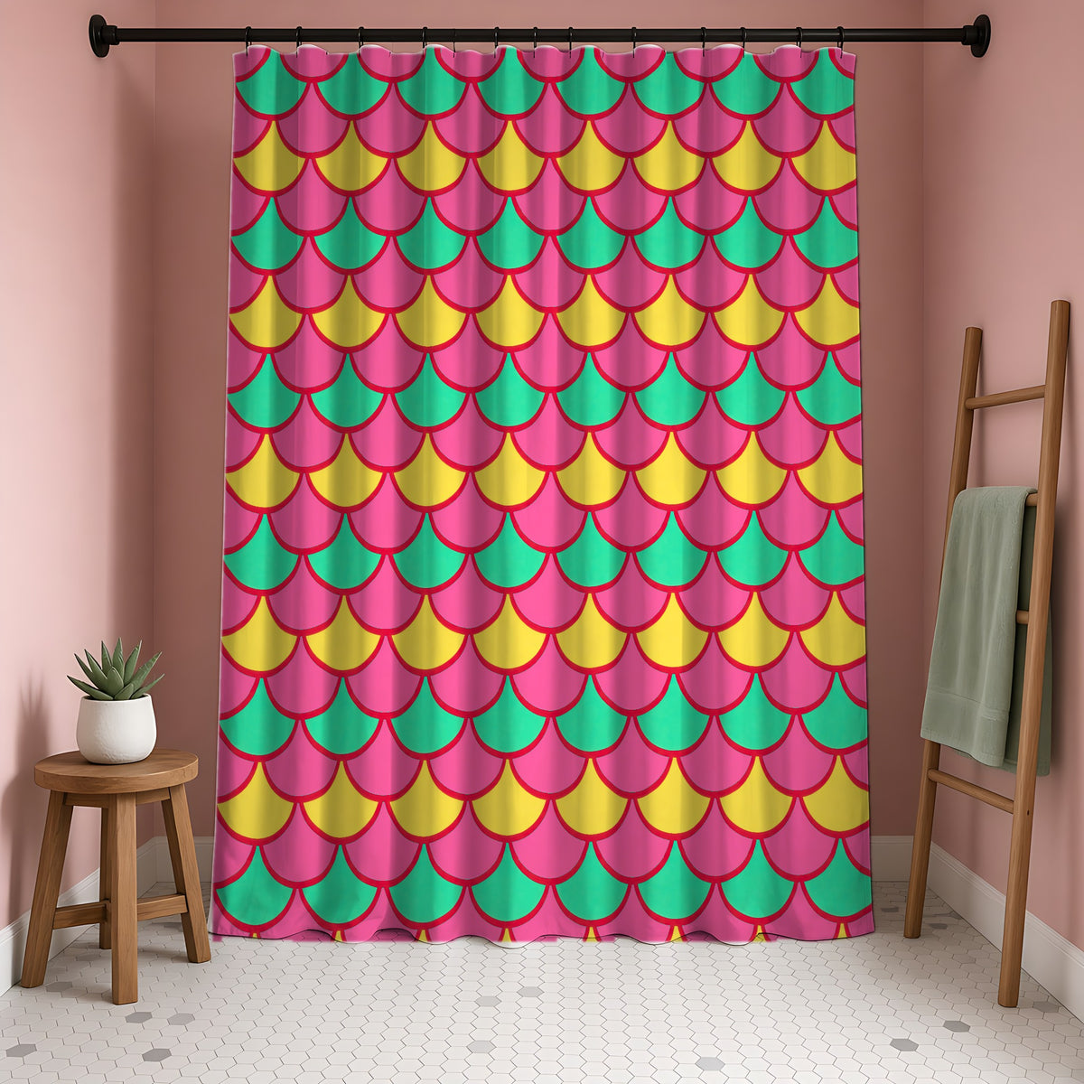 Big Jewel Scales II Shower Curtain in a blush-pink bathroom
