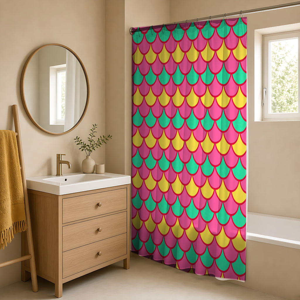 Big Jewel Scales II Shower Curtain in a warm neutral bathroom with an oak vanity