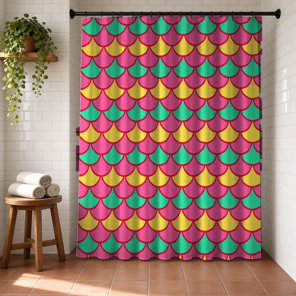 Big Jewel Scales II Shower Curtain in a bright bathroom with white tiles and a terracotta floor