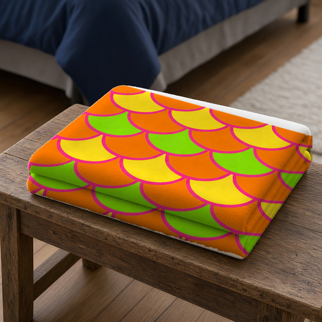Big Jewel Scales II Sherpa Fleece Blanket folded on a wooden bench