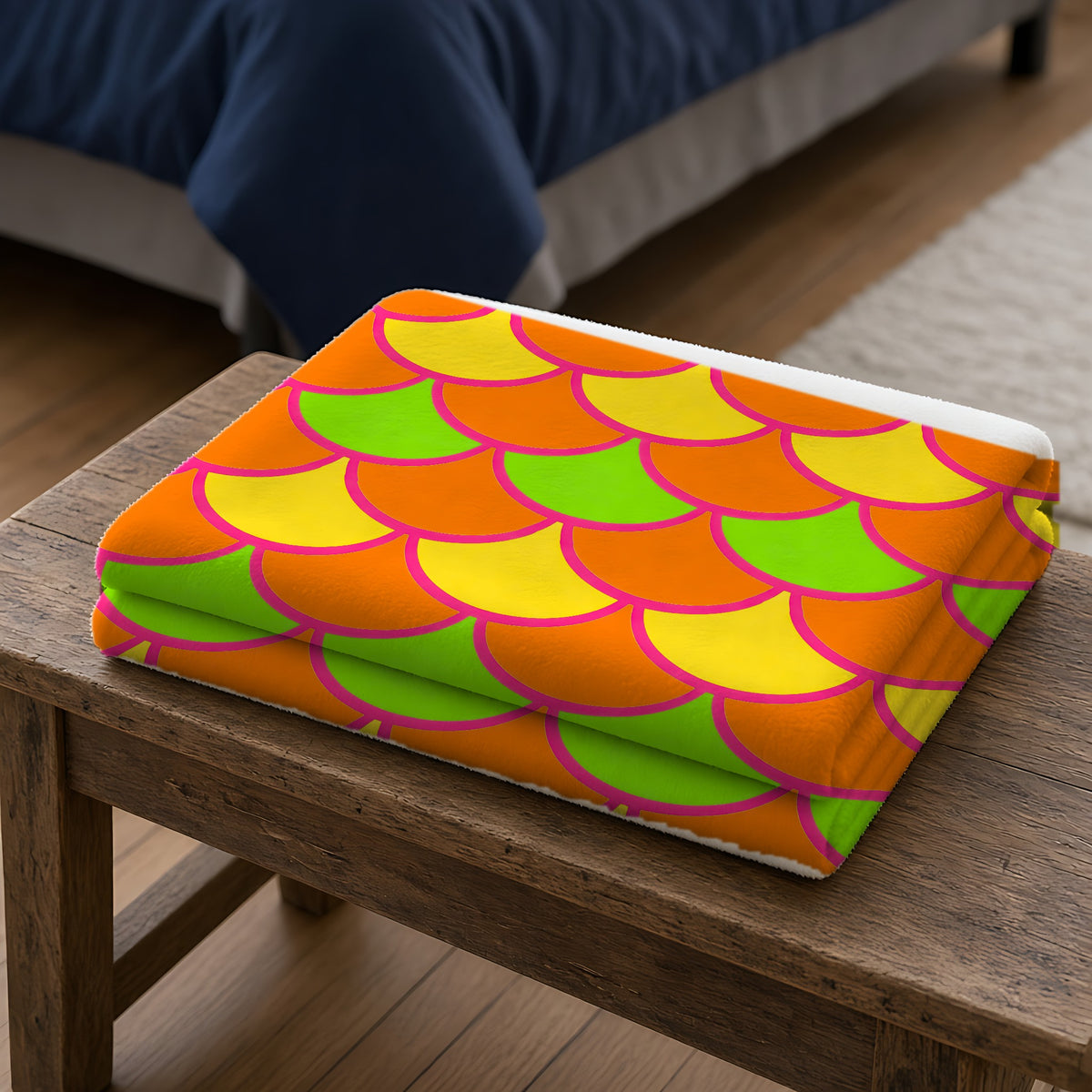 Big Jewel Scales II Sherpa Fleece Blanket folded on a wooden bench