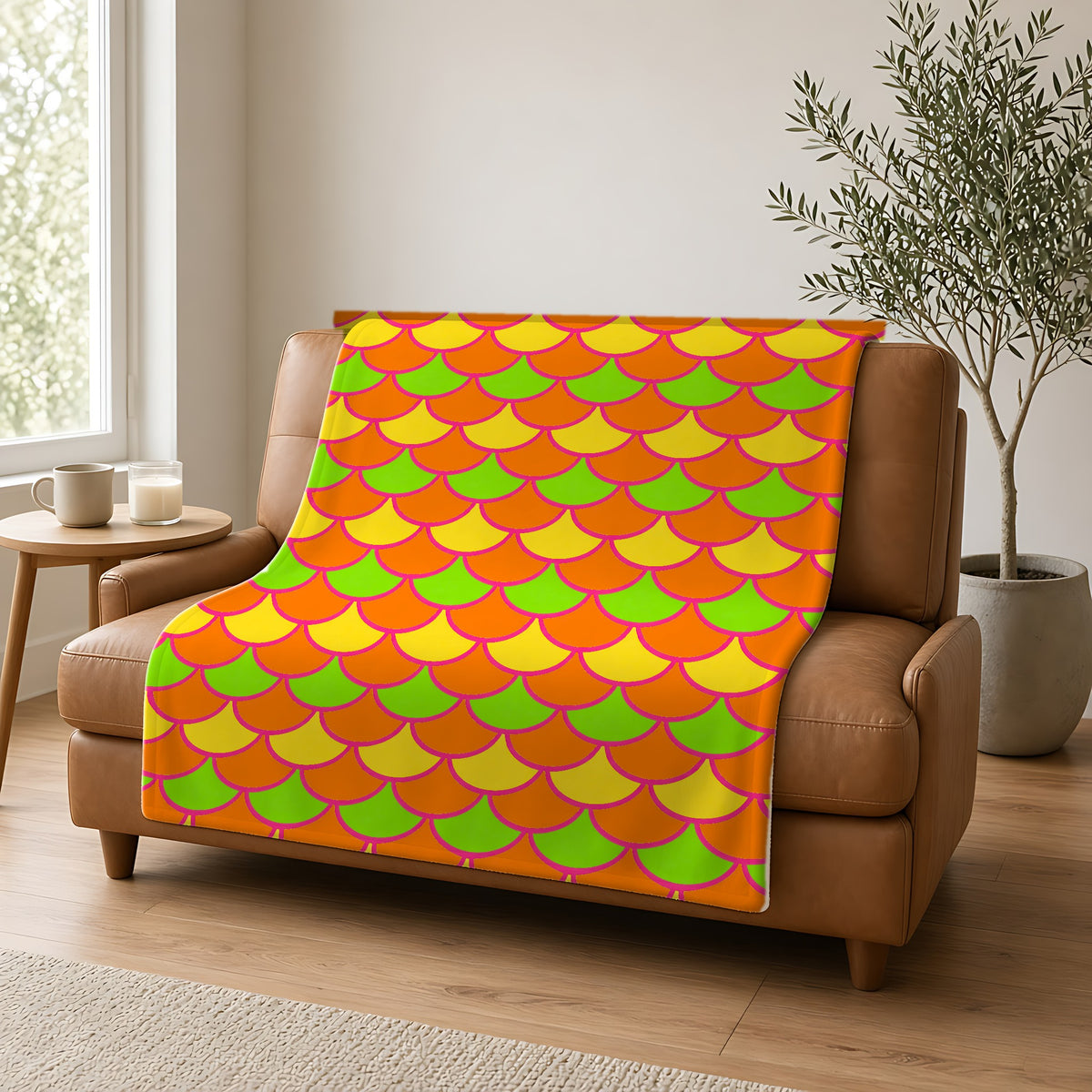 Big Jewel Scales II Sherpa Fleece Blanket draped over a caramel leather sofa