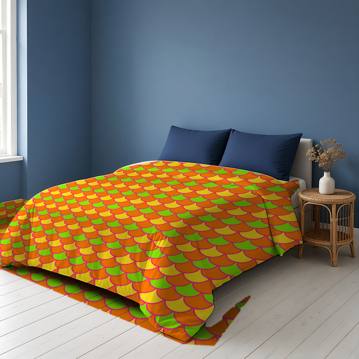 Big Jewel Scales II Comforter on a bed in a Scandinavian blue bedroom