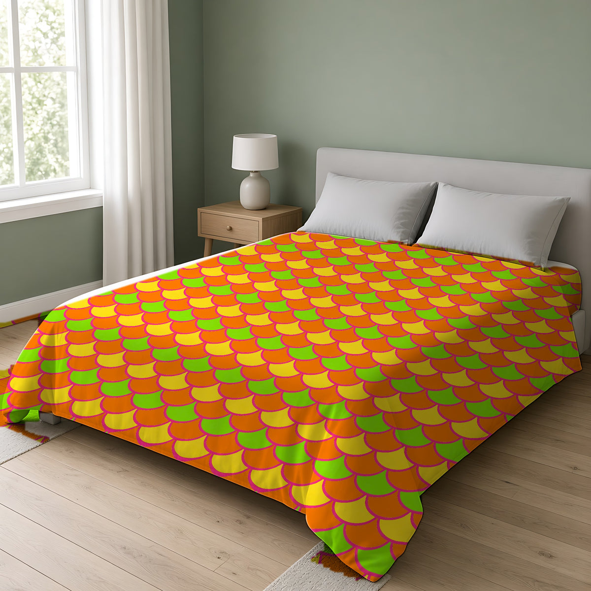 Big Jewel Scales II Cotton Duvet Cover on a double bed in a bright sage-green bedroom