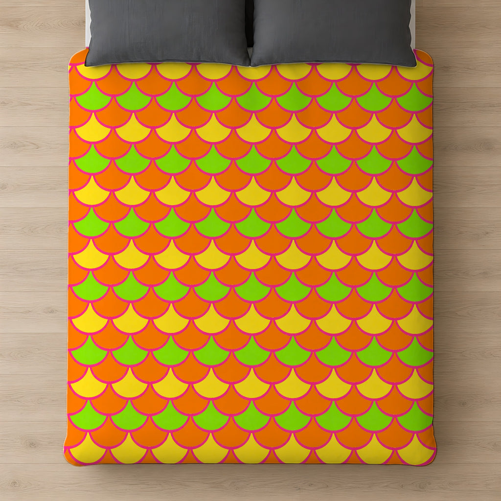 Big Jewel Scales II Cotton Duvet Cover on a bed, seen from above