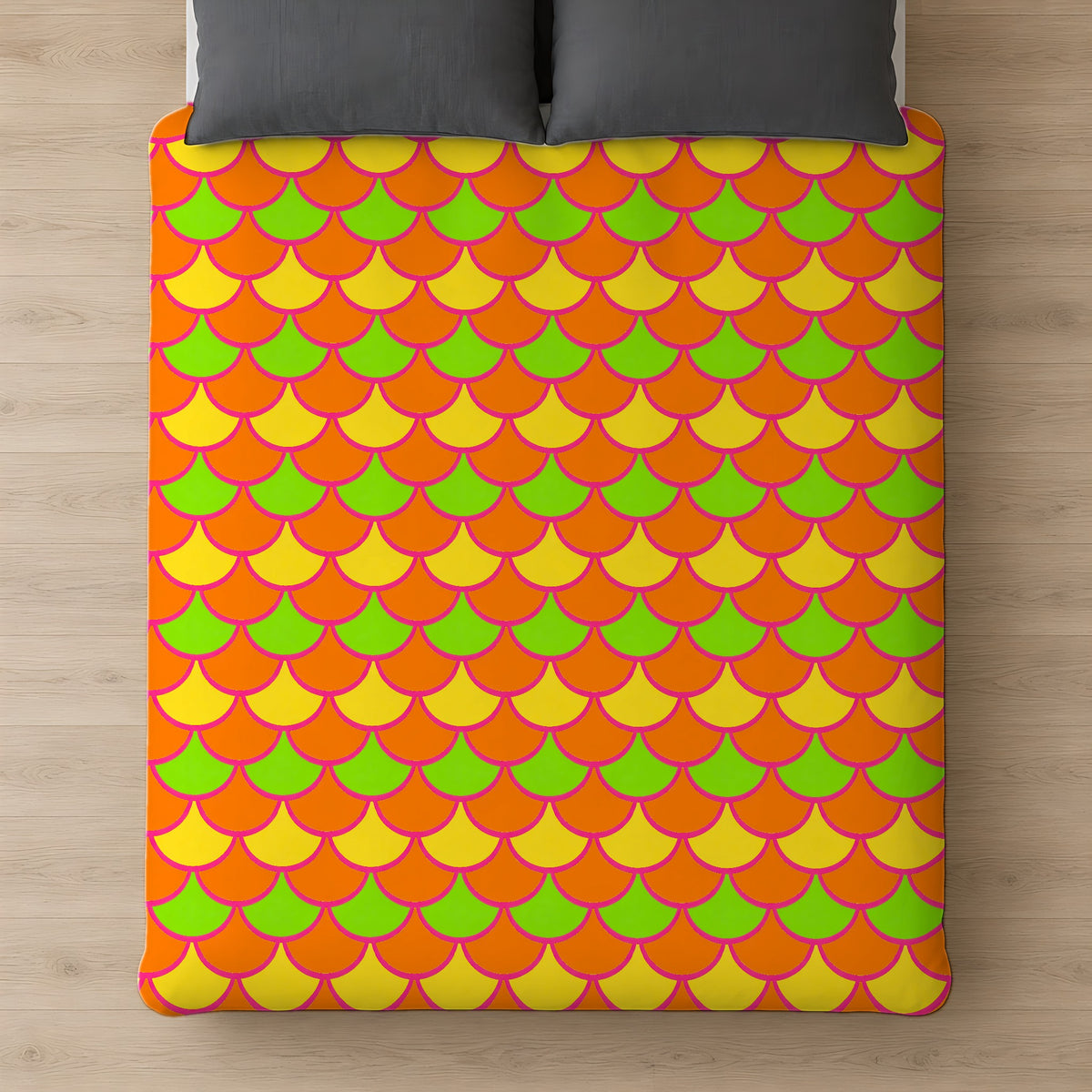 Big Jewel Scales II Cotton Duvet Cover on a bed, seen from above