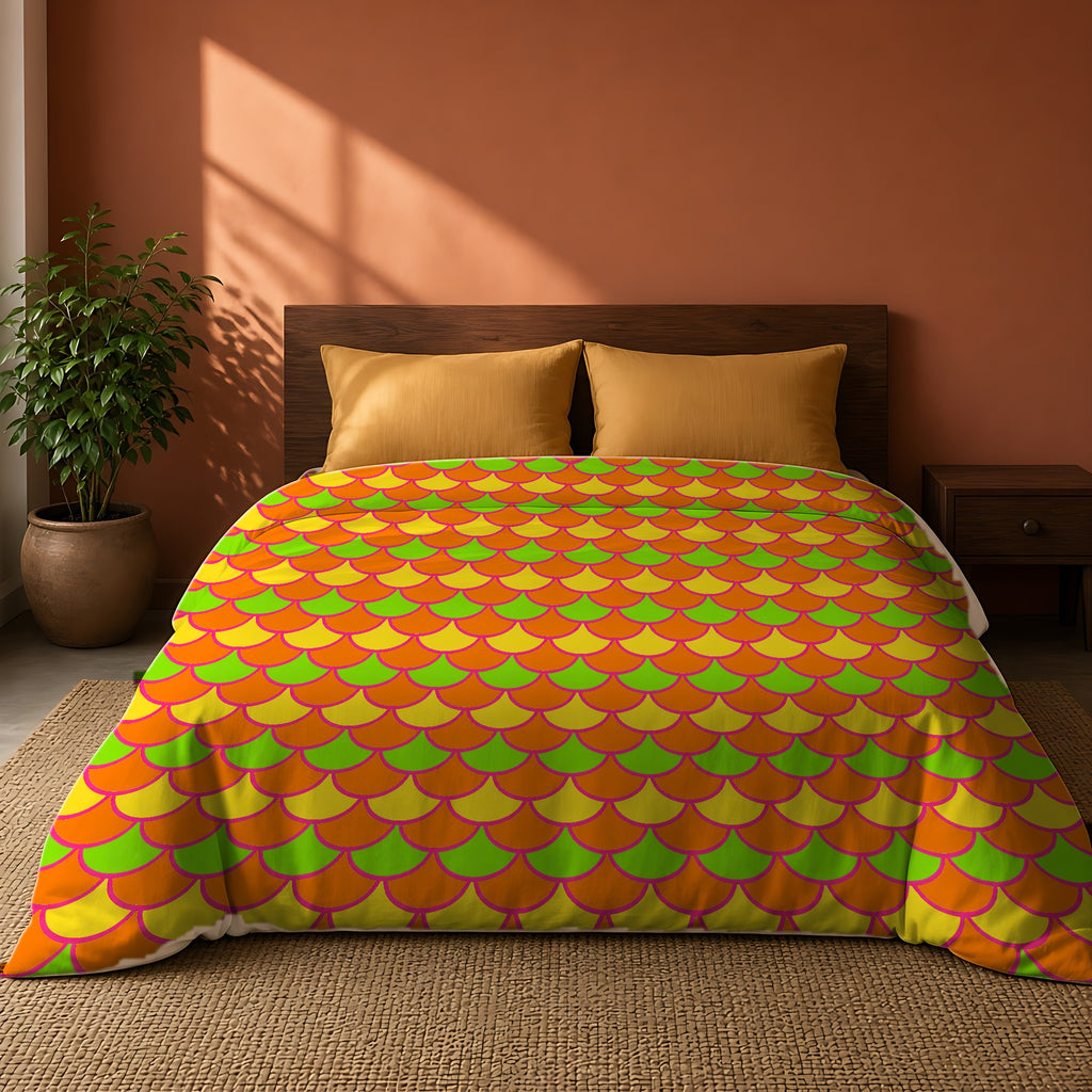 Big Jewel Scales II Cotton Duvet Cover on a king bed against a warm terracotta wall