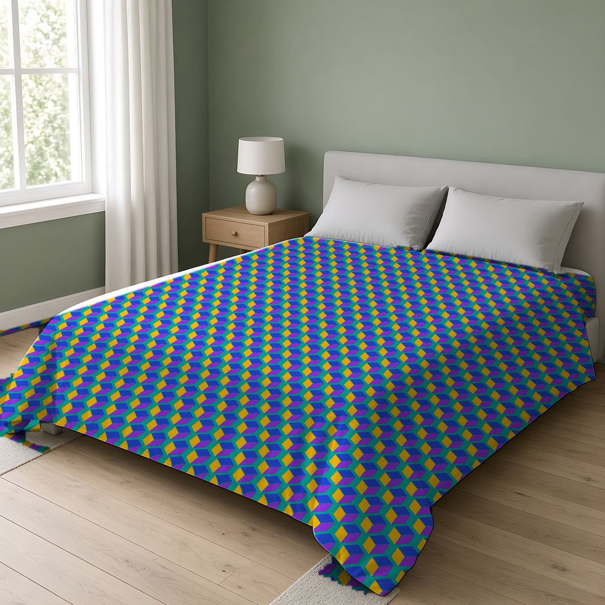 Giant Faceted Cubes II Cotton Duvet Cover on a double bed in a bright sage-green bedroom