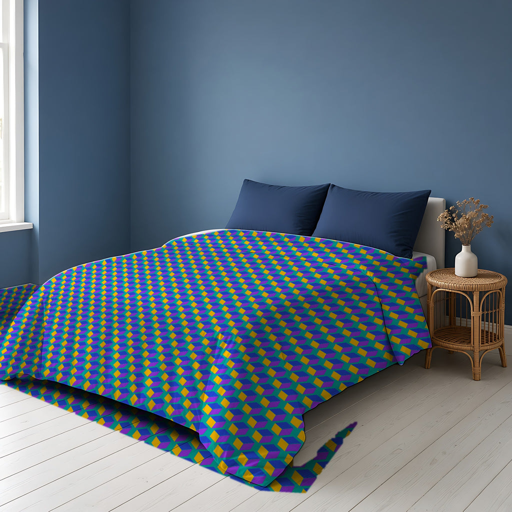 Giant Faceted Cubes II Cotton Duvet Cover on a bed in a Scandinavian blue bedroom