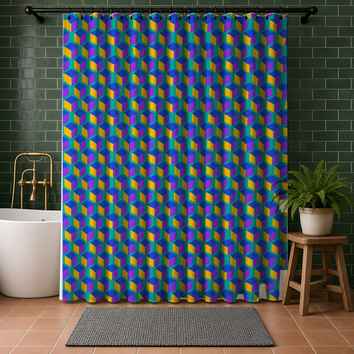 Giant Faceted Cubes II Shower Curtain in a bathroom with dark green tiles