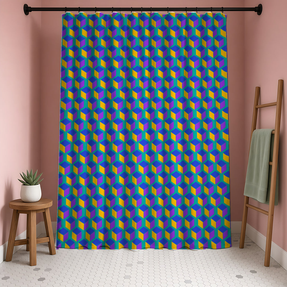 Giant Faceted Cubes II Shower Curtain in a blush-pink bathroom