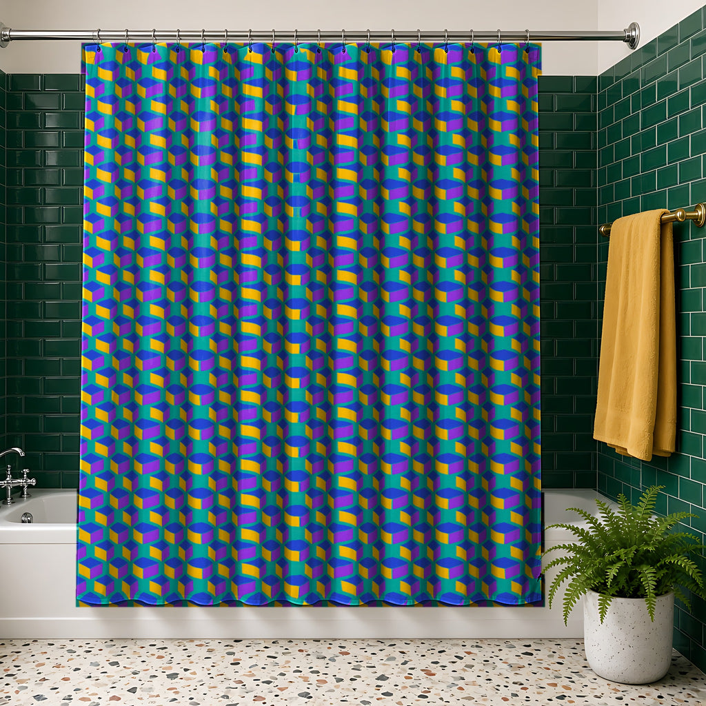 Giant Faceted Cubes II Shower Curtain in the Peacock Jewel palette, hanging in a bathroom with emerald tiles