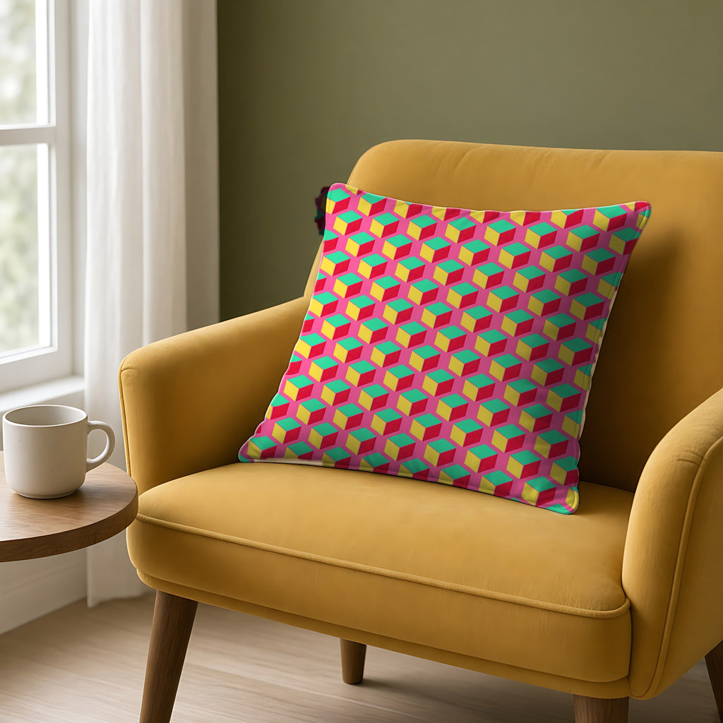 Giant Faceted Cubes II Faux Suede Cushion on a mustard armchair by a window