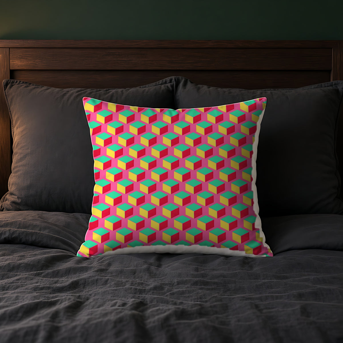 Giant Faceted Cubes II Faux Suede Cushion on a bed with charcoal bedding