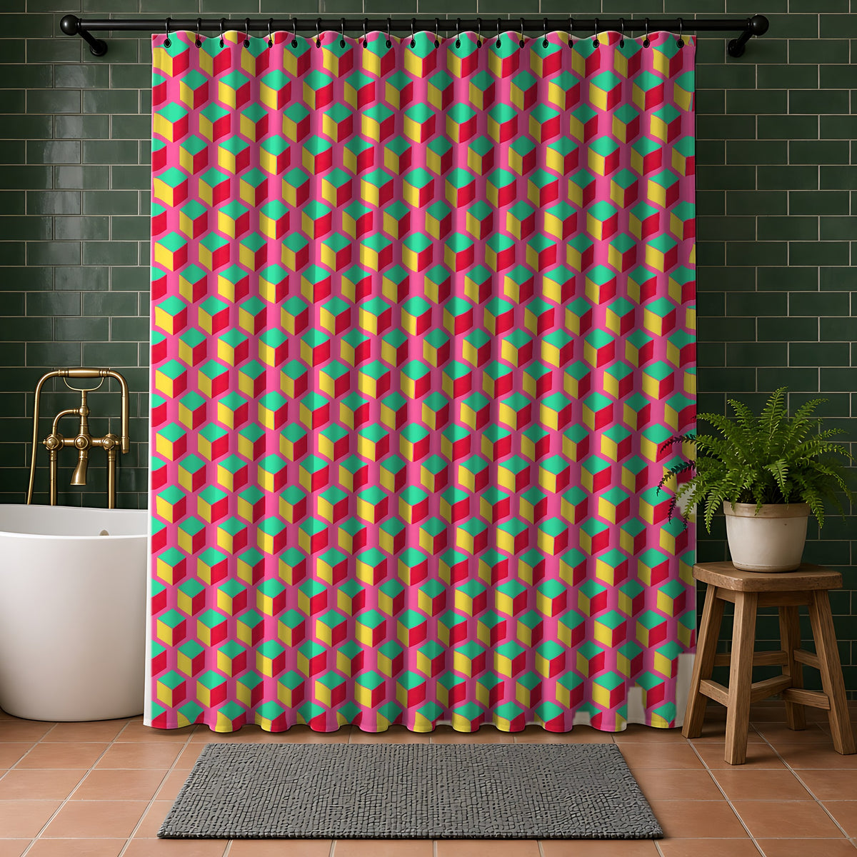 Giant Faceted Cubes II Shower Curtain in a bathroom with dark green tiles