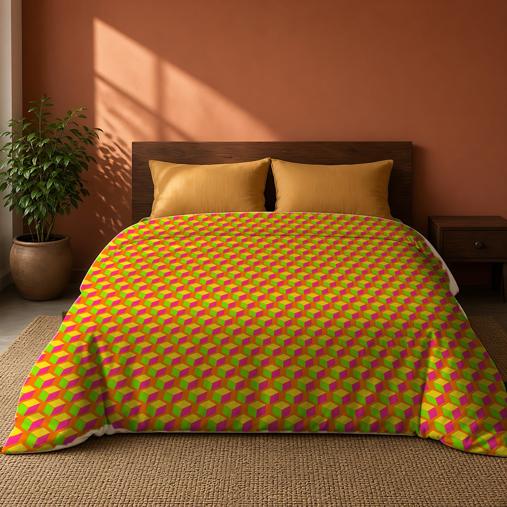 Giant Faceted Cubes II Comforter on a king bed against a warm terracotta wall