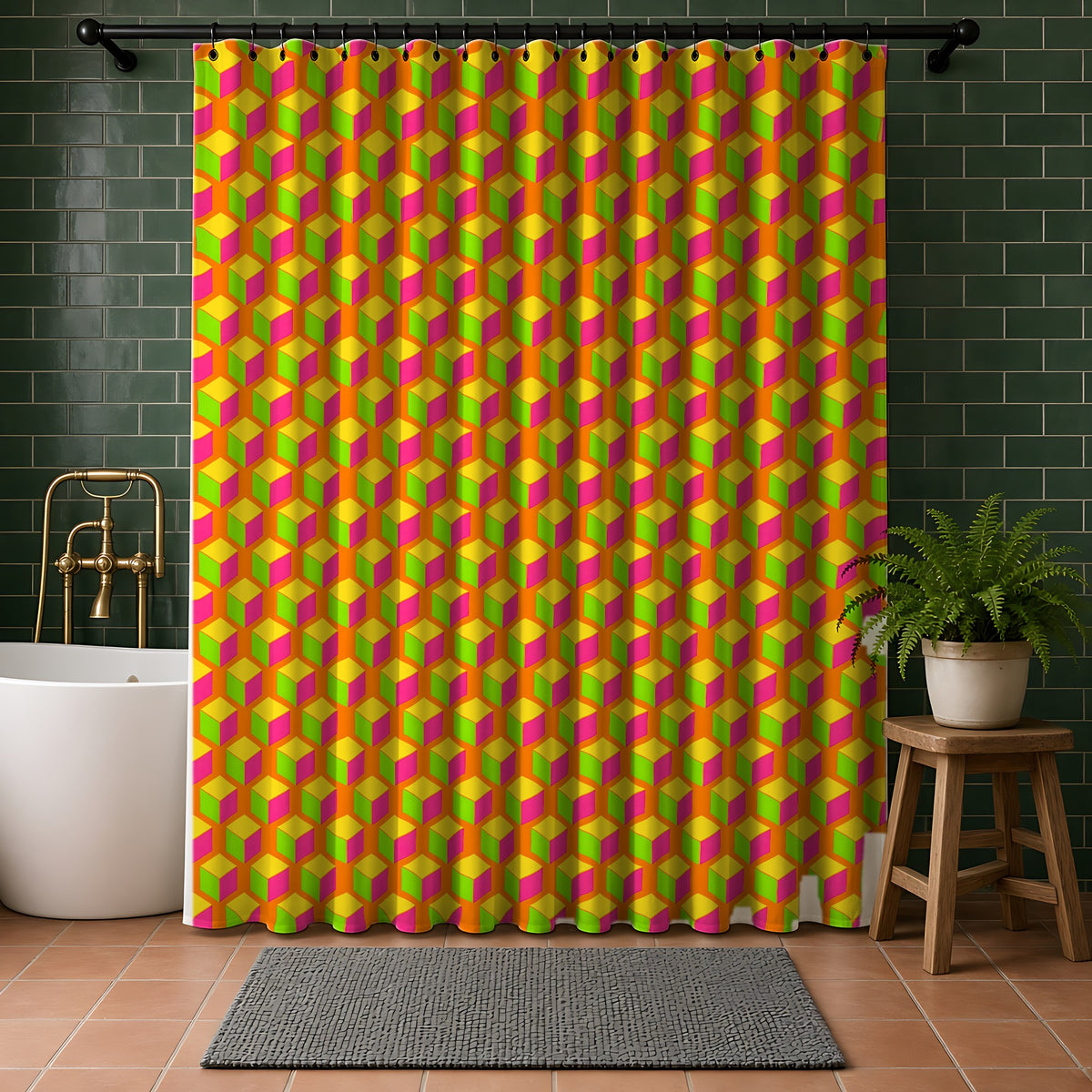 Giant Faceted Cubes II Shower Curtain in a bathroom with dark green tiles