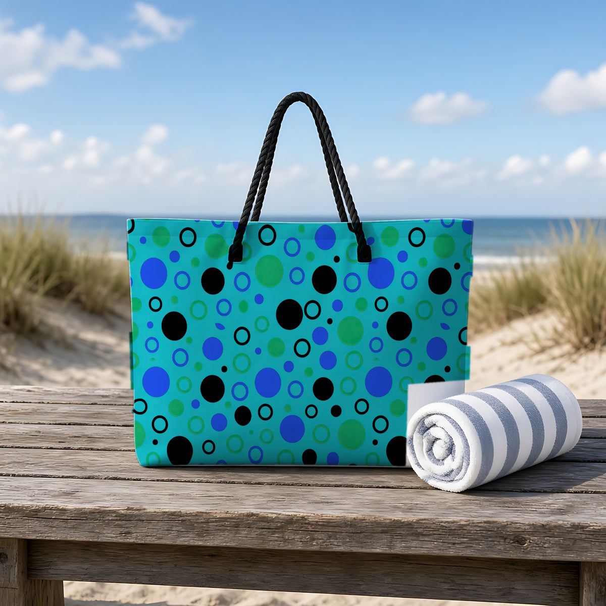 Bubble Outlines Weekender Tote Bag on a rustic table by the beach