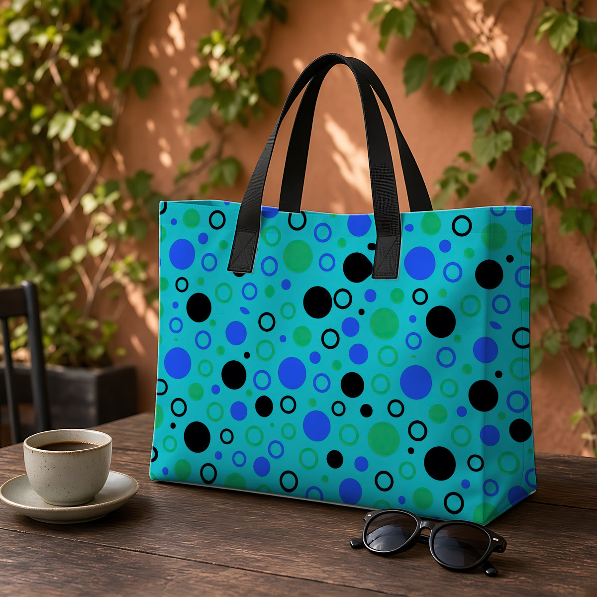 Bubble Outlines Weekender Tote Bag on a garden café table