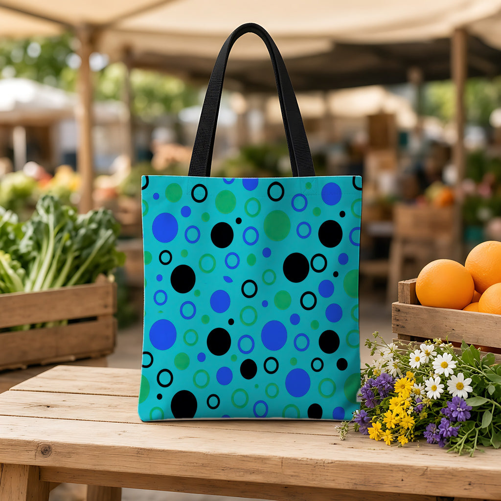 Bubble Outlines Weekender Tote Bag on a wooden bench at a farmers market