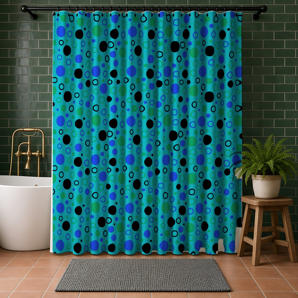Bubble Outlines Shower Curtain in a bathroom with dark green tiles