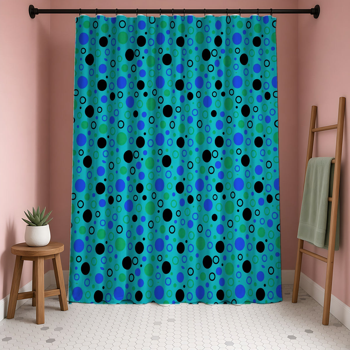 Bubble Outlines Shower Curtain in a blush-pink bathroom