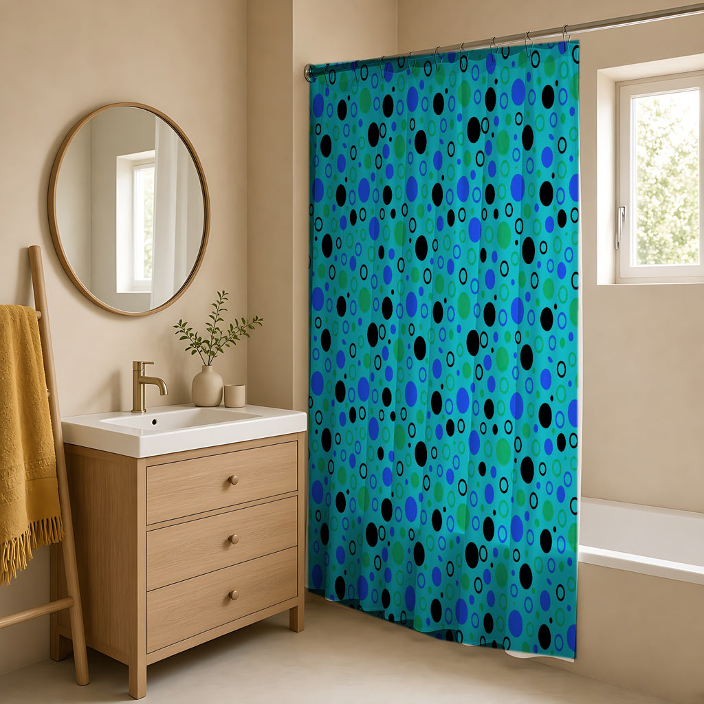 Bubble Outlines Shower Curtain in a warm neutral bathroom with an oak vanity