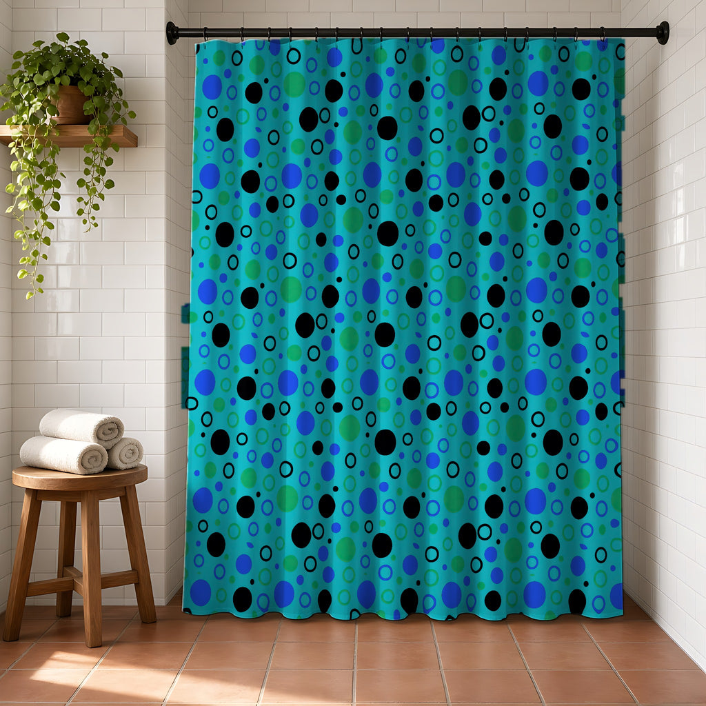 Bubble Outlines Shower Curtain in a bright bathroom with white tiles and a terracotta floor