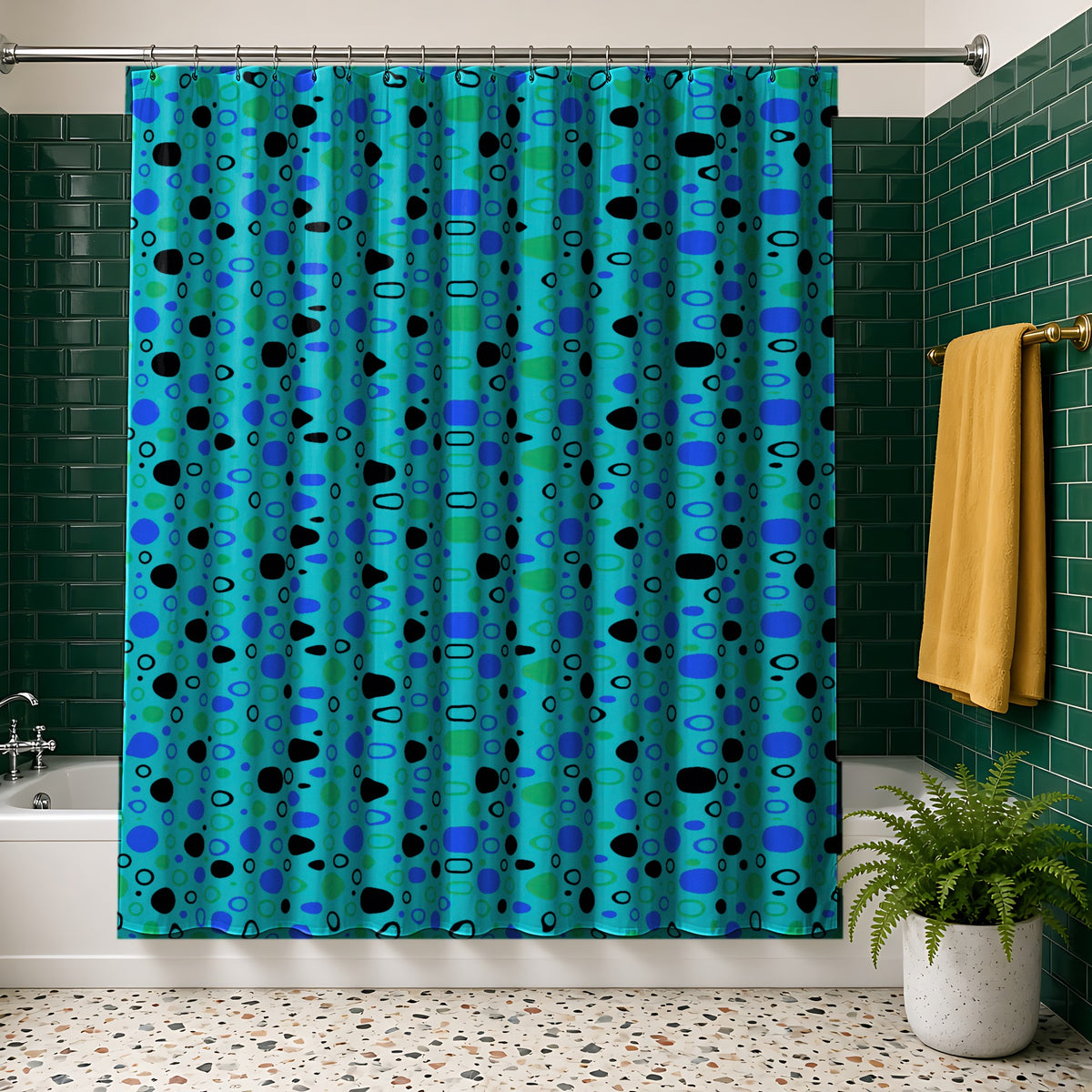 Bubble Outlines Shower Curtain in the Peacock Jewel palette, hanging in a bathroom with emerald tiles